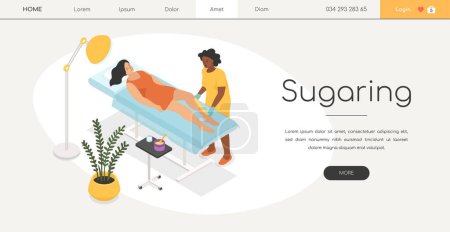 Photo for Sugaring - modern vector colorful isometric web banner with copy space for text. High quality composition with a woman getting hair removal procedure. Depilation studio interior, beauty idea - Royalty Free Image