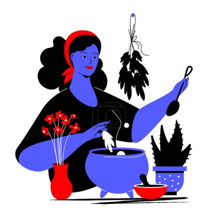 Photo for Herbalist making potion - colorful flat design style illustration with linear elements. Red and blue composition with beautiful woman cooking natural ingredients in a cauldron. Natural cosmetic idea - Royalty Free Image