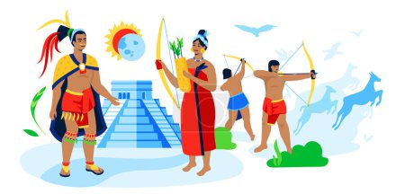 Photo for Maya ancient hunters - modern colored vector illustration on white background with woman giving a bow and arrow to a warrior, prey, hunt down animals, forage, pyramid and lunar eclipse. Civilization - Royalty Free Image