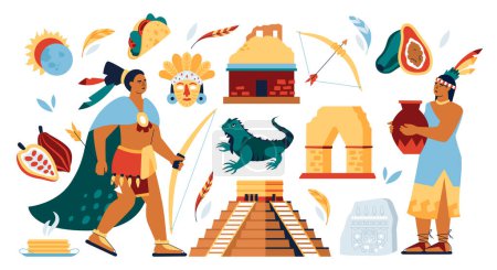 Ilustración de Vida maya e india - conjunto de ilustración de estilo de diseño plano. Imágenes coloridas de alta calidad de los pueblos indígenas: un cazador y una mujer con una jarra, una pirámide, una iguana, una casa de piedra, un arco y flechas - Imagen libre de derechos