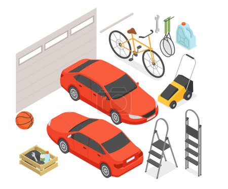 Photo for Garage and transport - modern vector colorful isometric illustrations set. Two cars, bicycle, lawn mower, ladder, tools, wrench, can of gasoline, basketball, badminton rackets and automatic door - Royalty Free Image