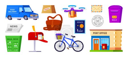 Photo for Postal and delivery service - modern flat design style set of isolated images. Neat pictures of package, car, bicycle, fragile goods, envelope stamp, newspaper, mailbox, drone with box or parcel - Royalty Free Image