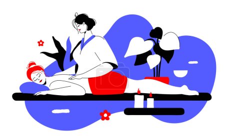 Photo for Relaxing massage - colorful flat design style illustration with linear elements. Red and blue colored composition with masseuse in a spa salon kneads a girls back. Rest and self care, therapy idea - Royalty Free Image