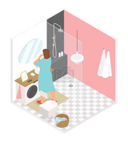 Photo for Brush your teeth in the bathroom - vector colorful isometric illustration. A woman in front of a mirror at home is engaged in hygiene. Sink, shower room, washing machine, toilet, tiles, towels - Royalty Free Image