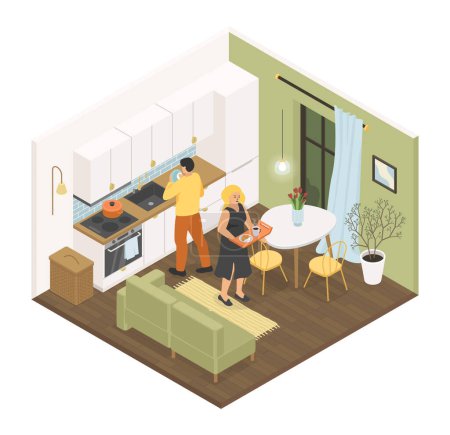 Photo for Cooking breakfast in the kitchen - vector colorful isometric illustration. A man washes dishes, a girl in an elegant black dress carries a tray of coffee and a croissant. Romantic evening at home - Royalty Free Image