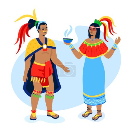 Photo for Chief and woman - modern colored vector illustration on white background with Aztec warrior who receives hot food from a tribeswoman. National costumes with feathers, tribal life and relations idea - Royalty Free Image