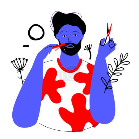 Photo for Beard care - colorful flat design style illustration with linear elements. Red and blue colored composition with guy combing his mustache and trimming them with scissors. Handsome metrosexual - Royalty Free Image