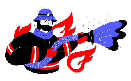 Photo for Fireman puts out the flame - colorful flat design style illustration with linear elements. Red and blue colored composition with bearded man in uniform pouring water from a hose on a fire. Disaster - Royalty Free Image