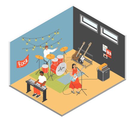 Photo for Rock concert on stage - modern vector colorful isometric illustration. Guitarist and vocalist in red dress, pianist and drummer put on a live show in bar or garage. Atmosphere, music and drive idea - Royalty Free Image