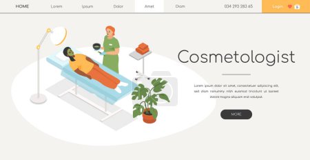 Photo for Cosmetologist services - modern colorful isometric web banner with copy space for text. A woman getting skin care procedure, beauty treatment. A medical worker, beautician applying a face mask. - Royalty Free Image