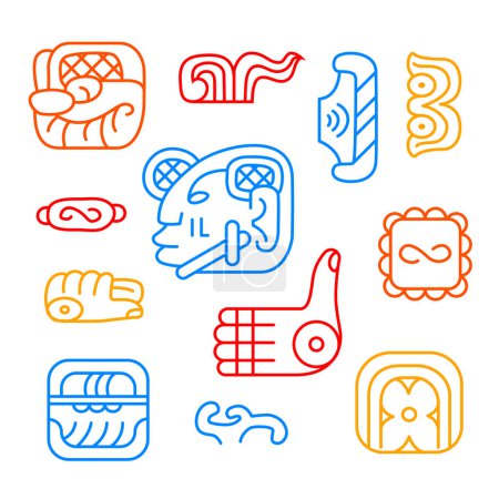 Photo for Maya tribal signs - colorful line design style illustration set with editable stroke. High quality colorful images of tribal monster head, dragon, hand with thumb, hieroglyphs and wavy shapes - Royalty Free Image