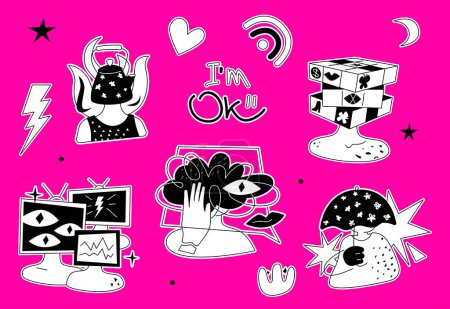 Photo for I am not ok - flat design style illustration sticker set with linear elements. High quality colorful images of emotional problems, burnout, addiction and withdrawal. Feeling and emotions idea - Royalty Free Image