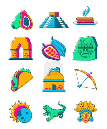 Photo for Maya and Aztecs life - flat design style illustration set. High quality colorful images of ancient pyramid, golden mask, iguana, stone dwelling, tablet, tacos, papaya and cocoa. Civilization idea - Royalty Free Image