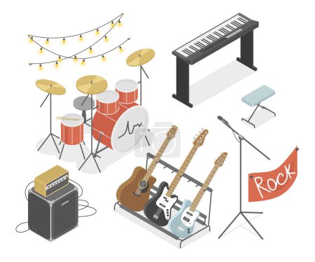 Photo for Electronic rock instruments - modern vector colorful isometric illustrations set. Drum set, electric guitar, microphone, piano, combo. Concert hall and rehearsal. Live sound, equipment and show idea - Royalty Free Image