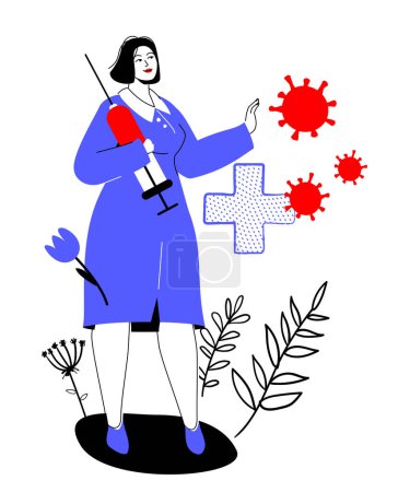 Photo for Nurse with a vaccine - colorful flat design style illustration with linear elements. Red and blue colored composition with medical staff with syringe in hands and infectious viruses and bacteria - Royalty Free Image