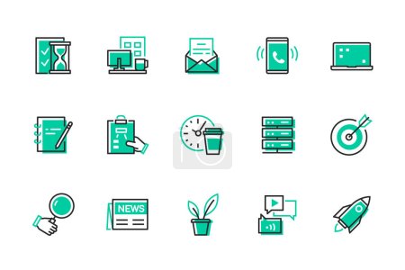 Office - modern line design style icons set. Business, workplace, efficient task, time management idea. Email, coffee break, target. Computer on the desk, smartphone, server, laptop. Newspaper, plant