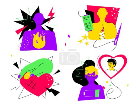 Photo for Healing emotional wounds - flat design style illustration set with linear elements. Images of flaming anger, frustrated man sewing himself together with threads, hand stroking heart, love heals - Royalty Free Image