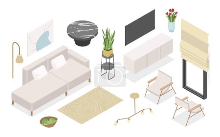Photo for White furniture - modern vector colorful isometric illustrations set. Minimalistic interior, sofa and armchair, TV, carpet, indoor plants, window and textile. Home design and house decor idea - Royalty Free Image