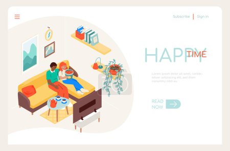 Photo for Happy time - line design style isometric web banner on white background with copy space for text. Comfortable sofa in the living room, nice design of the apartment, evening movie with popcorn - Royalty Free Image