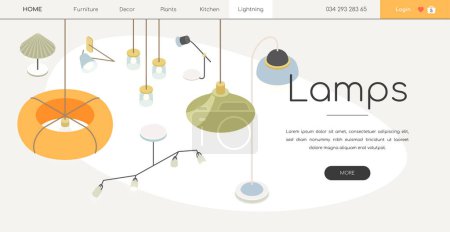 Photo for Designer lamps and fixtures - line design style isometric web banner on white background with copy space for text. A header with different lighting devices. Hanging, floor and table accessory - Royalty Free Image