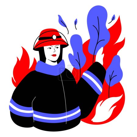 Photo for Firefighter against fire - colorful flat design style illustration with linear elements. Red and blue colored composition with girl in uniform and helmet helping to get rid of the flames in the forest - Royalty Free Image