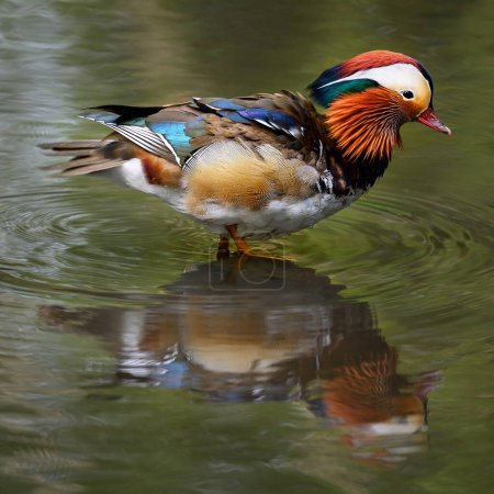 Männliche Mandarinenente steht in einem See in Kent, Großbritannien. Quadratisches Bild mit Ente nach rechts. Mandarinenente (Aix galericulata) im Kelsey Park, Beckenham, London. Die Mandarine ist eine Entenart.