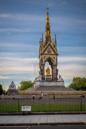 Photo for London, UK: The Albert Memorial in Kensington Gardens in memory of Prince Albert, the husband of Queen Victoria. South view with Kensington Gore in the foreground. - Royalty Free Image