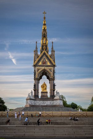 Photo for London, UK: The Albert Memorial in Kensington Gardens in memory of Prince Albert, the husband of Queen Victoria. South view with people. - Royalty Free Image