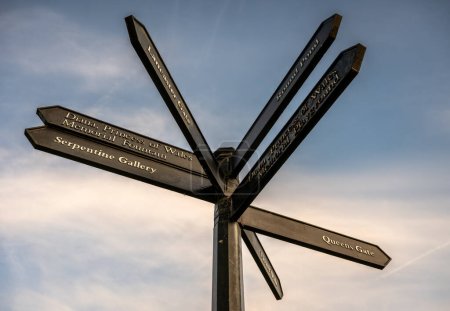 Photo for London, UK: Signpost in Kensington Gardens, London against the sky. - Royalty Free Image