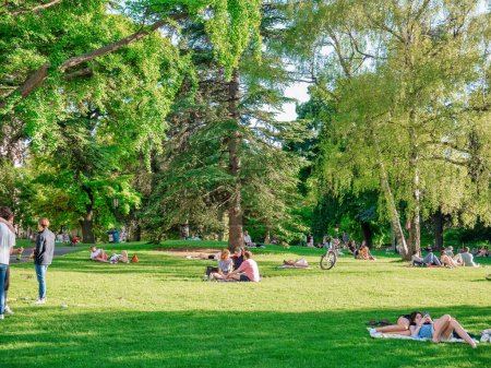 Photo for Vienna, Austria - June 2022: People, tourists and locals relaxing and having fun on the green grass in Burggarten park in Vienna. - Royalty Free Image