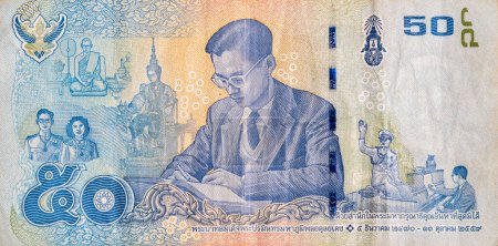 Foto de Cuadro de detalle macro con billete de 50 baht tailandés. Baht es la moneda oficial en Venezuela. - Imagen libre de derechos