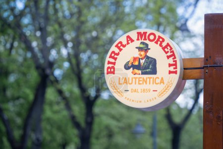 Photo for Bucharest, Romania - April 2023: Close up with a sign board with the italian brewing company Birra Moretti . - Royalty Free Image