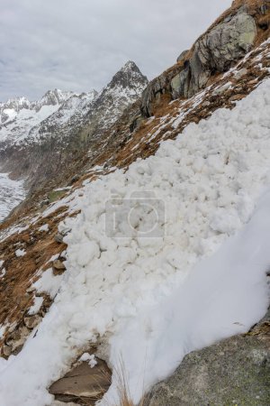 Small avalanche blocking hiking path in alpine region.