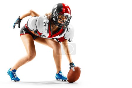 Photo for Portrait of attractive brunette female american football player in uniform and jersey T-shirt posing with helmet isolated on the white background - Royalty Free Image