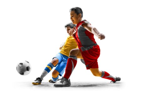 Photo for Childrens football soccer players in action isolated white background - Royalty Free Image
