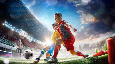 Photo for Childrens professional soccer players workout on the grand stadium - Royalty Free Image