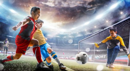 Photo for Childrens professional soccer players workout on the grand stadium - Royalty Free Image