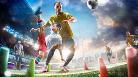 Photo for Children and adult professional soccer players workout on the grand stadium - Royalty Free Image