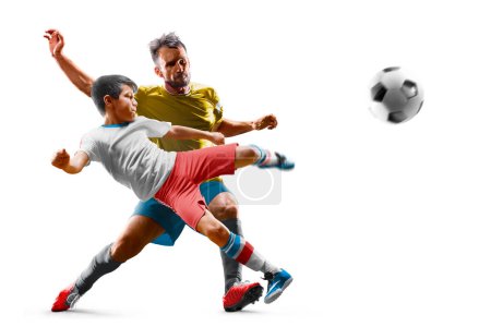 Photo for Children and adult football soccer players in action isolated white background - Royalty Free Image