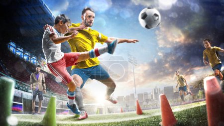 Photo for Children and adult professional soccer players workout on the grand stadium - Royalty Free Image