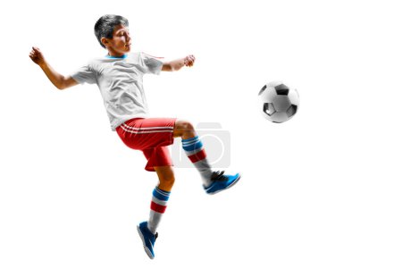 Photo for Children soccer player in action isolated on white background - Royalty Free Image