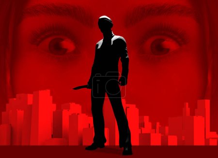 3d render noir thriller illustration of mysterious killer with knife silhouette standing with scared lady eyes on red toned cityscape background.