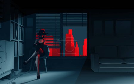 Téléchargez les photos : 3d rendre illustration noire de mystérieuse dame espion sexy en robe noire assis dans la pièce sombre avec fond de paysage urbain de couleur rouge. - en image libre de droit