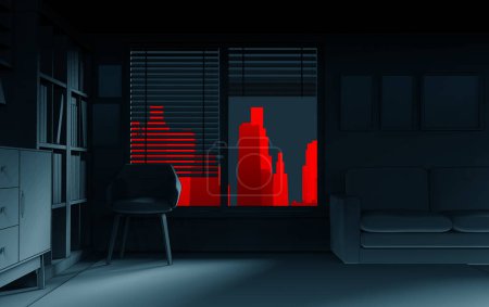 3D-Darstellung von dunklem Noir-Raum mit rotem Hintergrund.