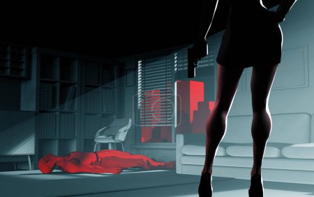 Téléchargez les photos : Illustration de rendu 3d de dame tueur sexy avec pistolet et talons hauts avec corps de victime mâle couché dans la chambre noire sur fond de paysage urbain rouge. - en image libre de droit