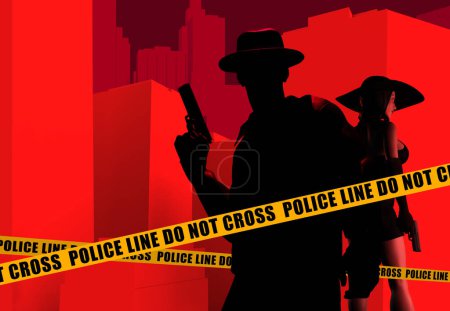 Photo for 3d render noir crime illustration of armed detective silhouette in hat and jacket with sexy spy lady in dress with gun on red colored cityscape background with yellow police lines. - Royalty Free Image