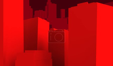 3d render illustration of red colored toon style cityscape buildings on dark background.