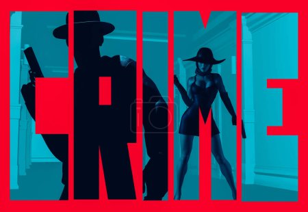 Foto de 3d renderizar negro ilustración de la silueta detective con pistola y señora sexy en vestido negro y sombrero pistola de retención sobre fondo de pasillo de color azul. - Imagen libre de derechos