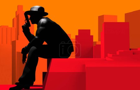 3D-Darstellung von Detektiv oder Gangster mit Hut, Jacke und Waffe auf rotem Hintergrund der Stadtlandschaft.