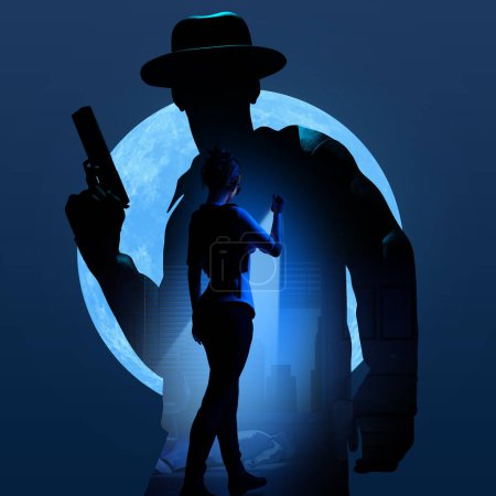 Foto de 3d render ilustración de detective masculino o mafioso con silueta de pistola e investigadora de policía femenina con linterna en habitación oscura con cuerpo sobre fondo de luna llena azul oscuro. - Imagen libre de derechos